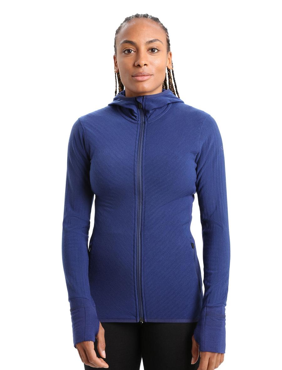 Vestes Icebreaker RealFleece™ Merino Descender Long Sleeve Zip Hood Femme Bleu Royal Bleu Marine | FR 1646ILHS